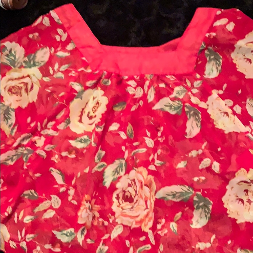 Red See through Floral print blouse.